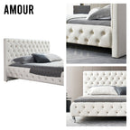 AMOUR – Cama estofada branca ou cinzenta com cabeceira acolchoada, com ou sem cristais