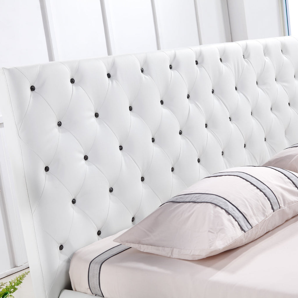 AMOUR – Cama estofada branca ou cinzenta com cabeceira acolchoada, com ou sem cristais
