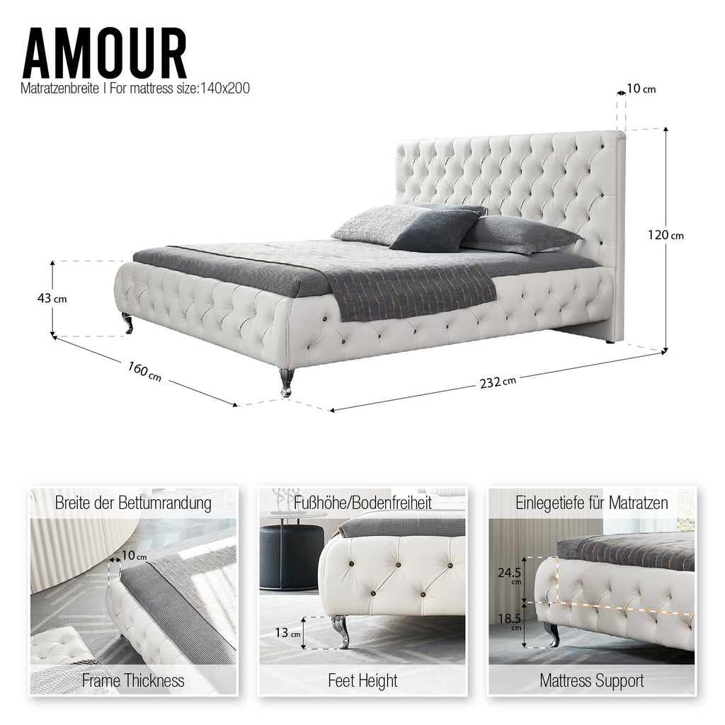 AMOUR – Cama estofada branca ou cinzenta com cabeceira acolchoada, com ou sem cristais