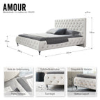 AMOUR – Cama estofada branca ou cinzenta com cabeceira acolchoada, com ou sem cristais