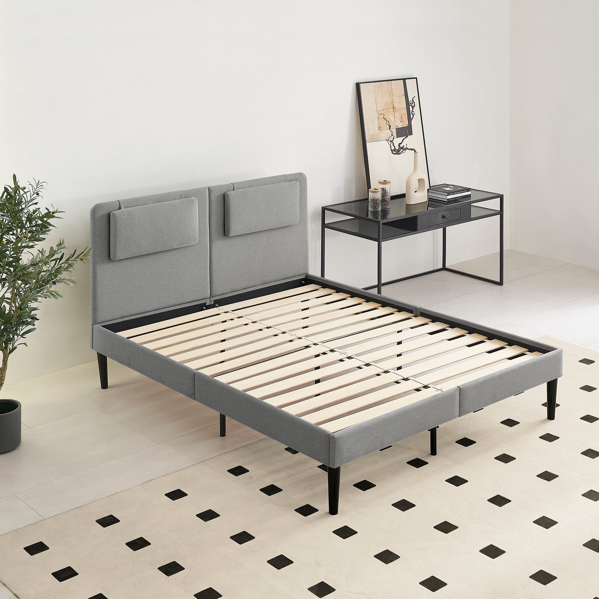 EMILY - Letto imbottito con testiera imbottita e rete a doghe in legno - Beige o Grigio