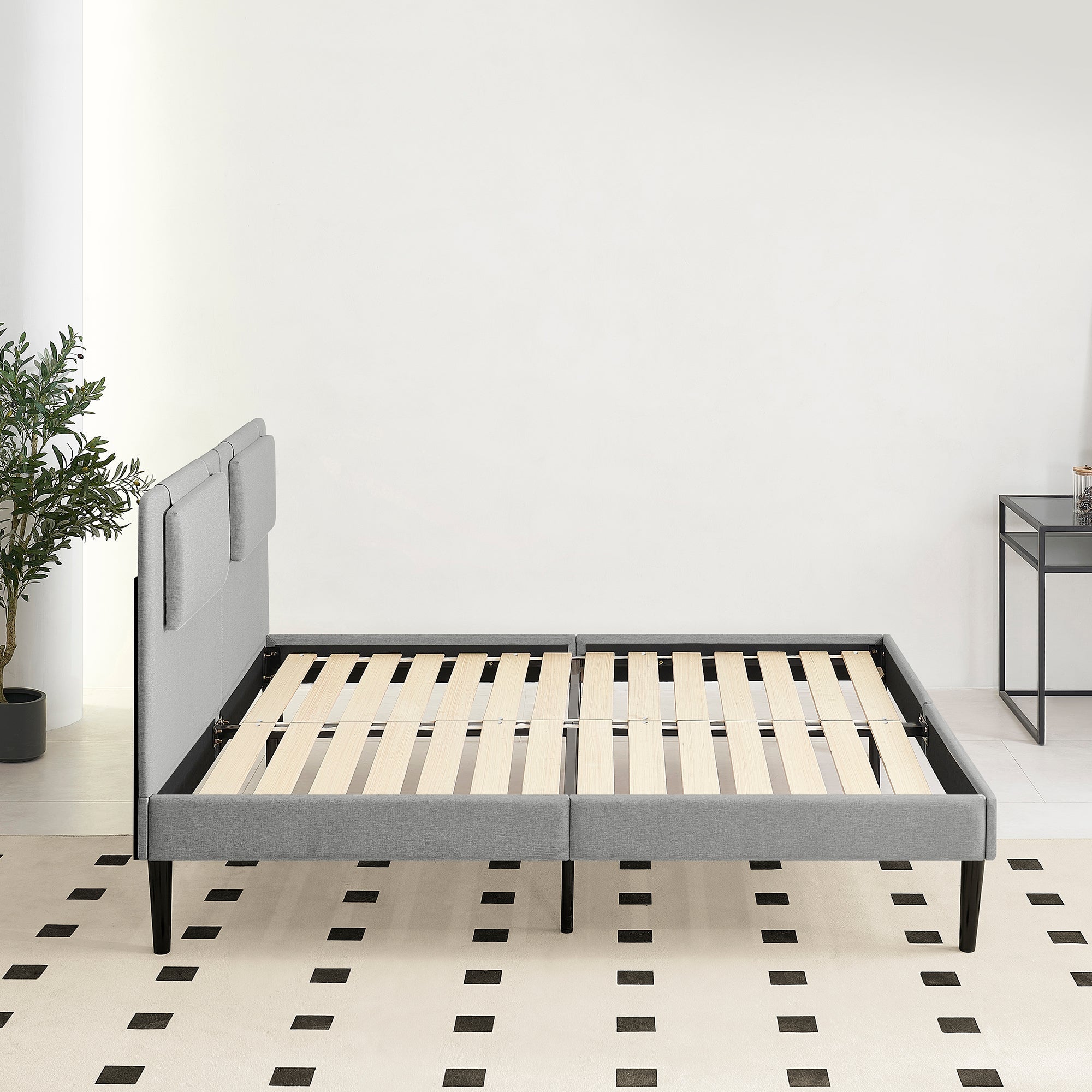 EMILY - Letto imbottito con testiera imbottita e rete a doghe in legno - Beige o Grigio