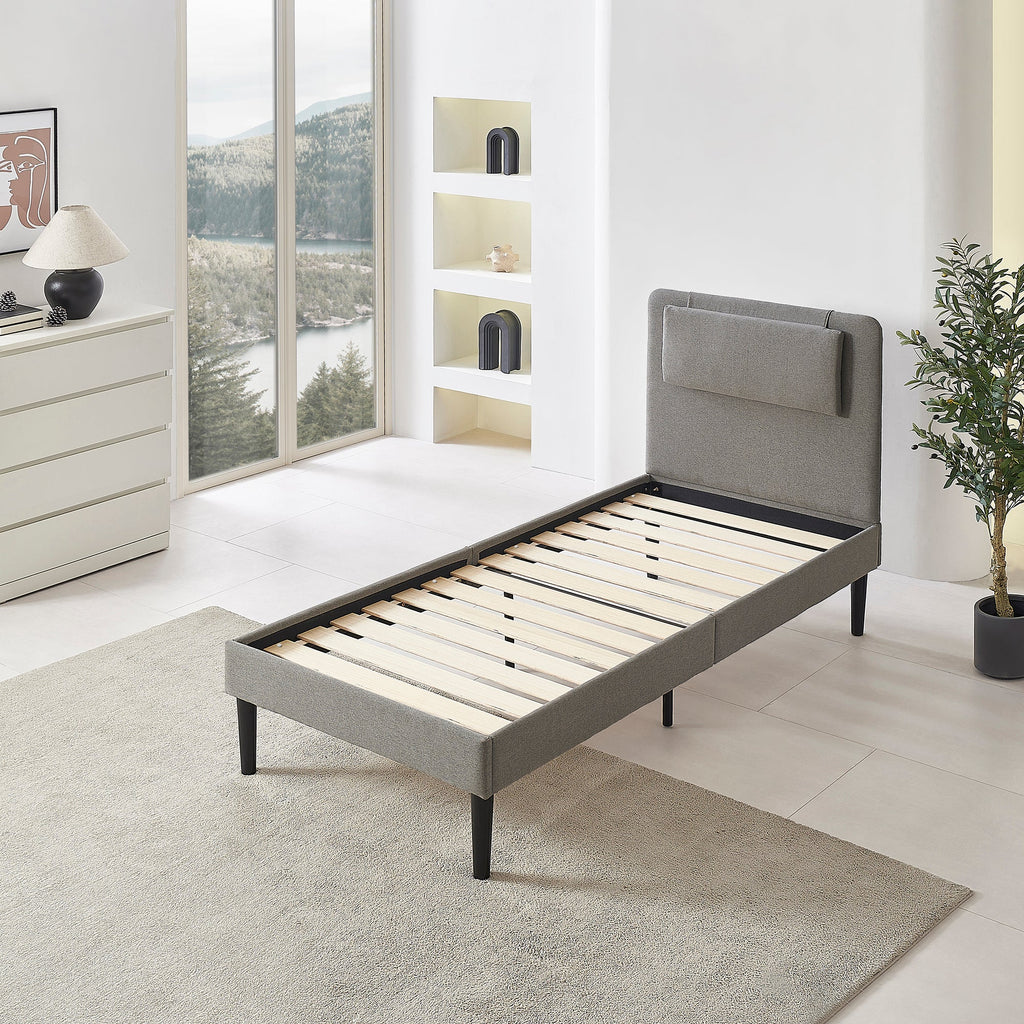 EMILY - Letto imbottito con testiera imbottita e rete a doghe in legno - Beige o Grigio