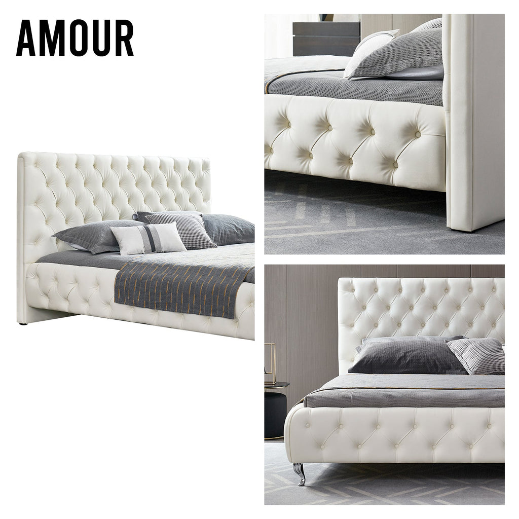 AMOUR – Cama estofada branca ou cinzenta com cabeceira acolchoada, com ou sem cristais