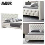 AMOUR – Cama estofada branca ou cinzenta com cabeceira acolchoada, com ou sem cristais