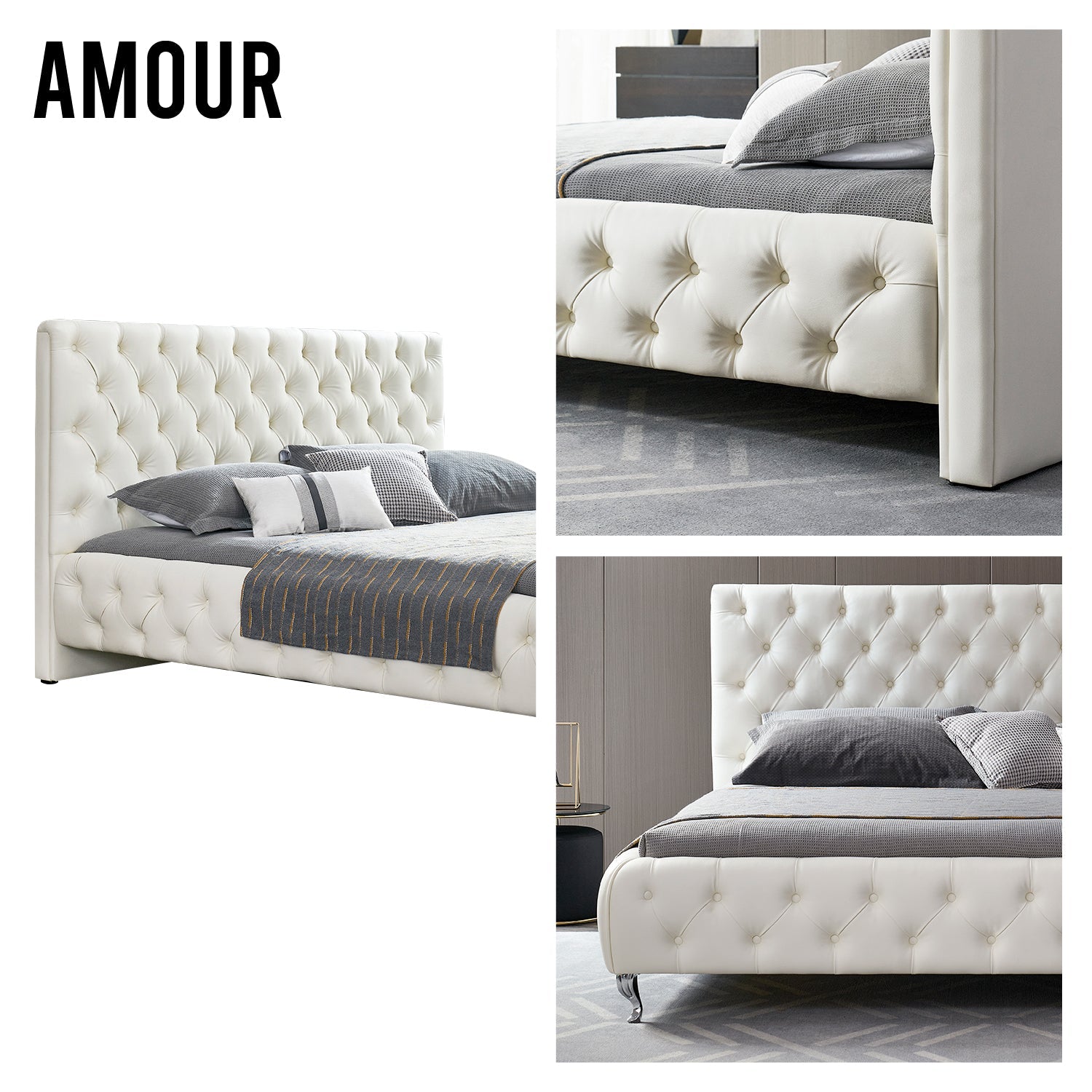 AMOUR – Cama estofada branca ou cinzenta com cabeceira acolchoada, com ou sem cristais