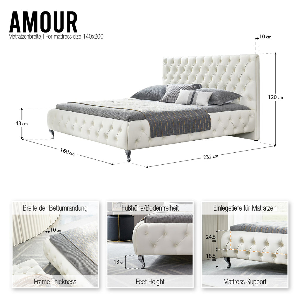 AMOUR – Cama estofada branca ou cinzenta com cabeceira acolchoada, com ou sem cristais