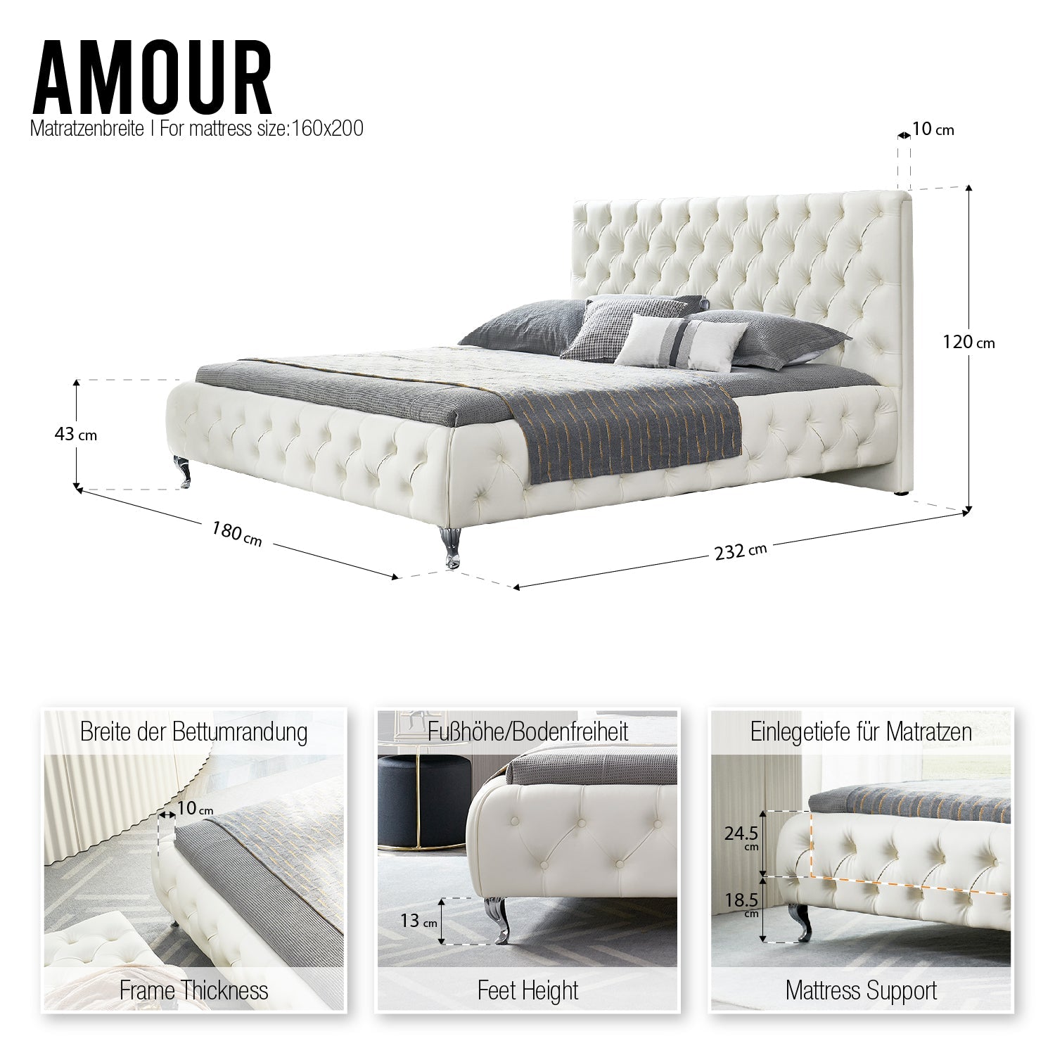 AMOUR – Cama estofada branca ou cinzenta com cabeceira acolchoada, com ou sem cristais
