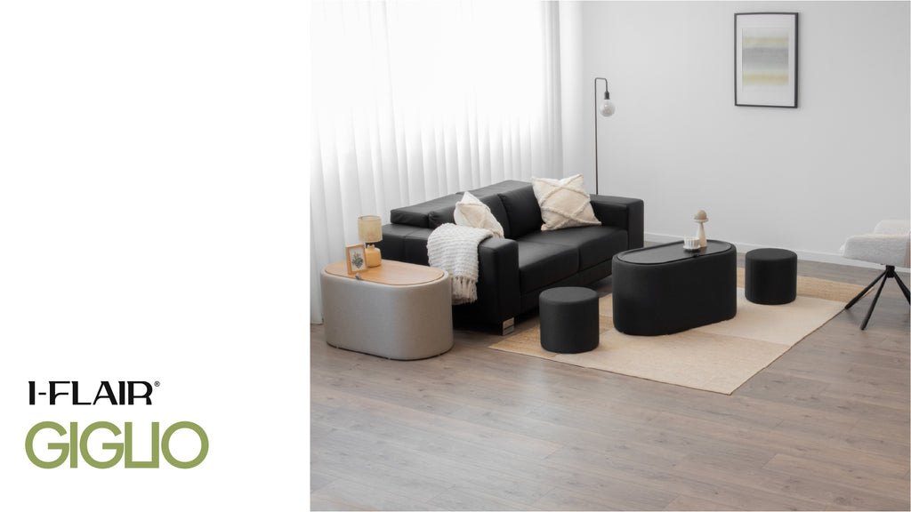 GIGLIO - Mesa de centro con 2 asientos encajables, tablero efecto madera negra y revestimiento en tejido gris oscuro (87x47x45 cm)