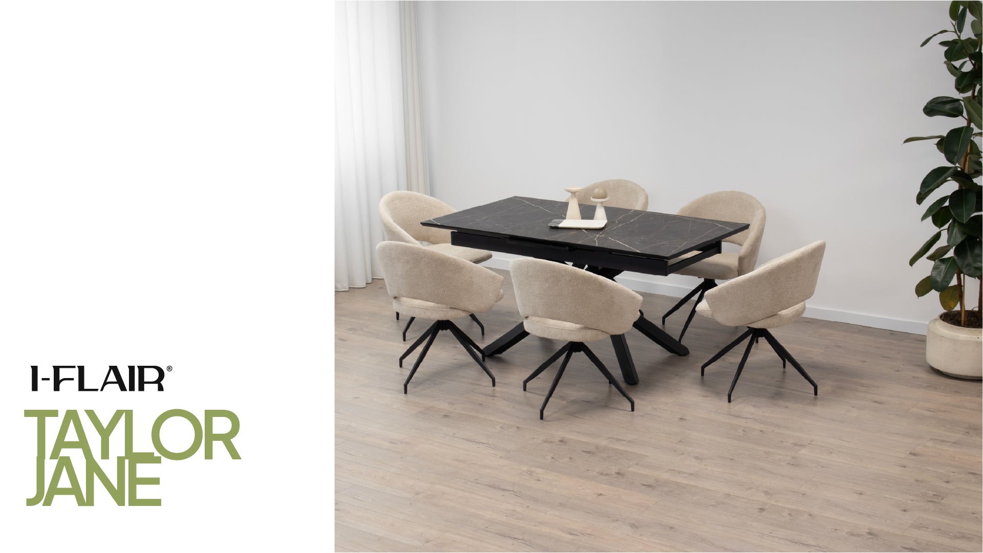 TAYLOR + JANE | Conjunto de mesa de comedor extensible 160-200x90 cm con 6 u 8 sillas en tejido beige y tablero efecto mármol negro