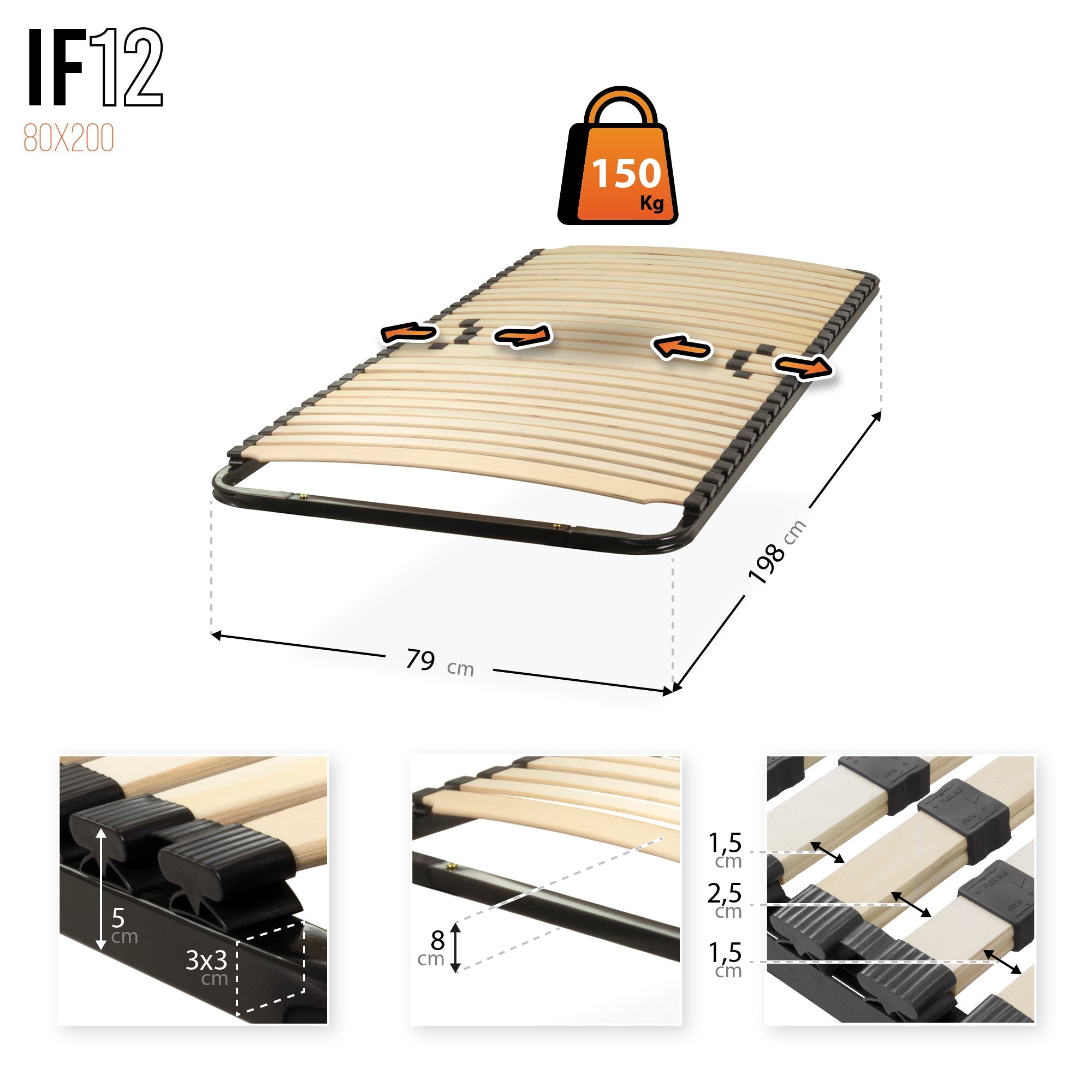 IF12 - Somier ergo con lamas de madera y estructura metálica reforzada - con o sin patas