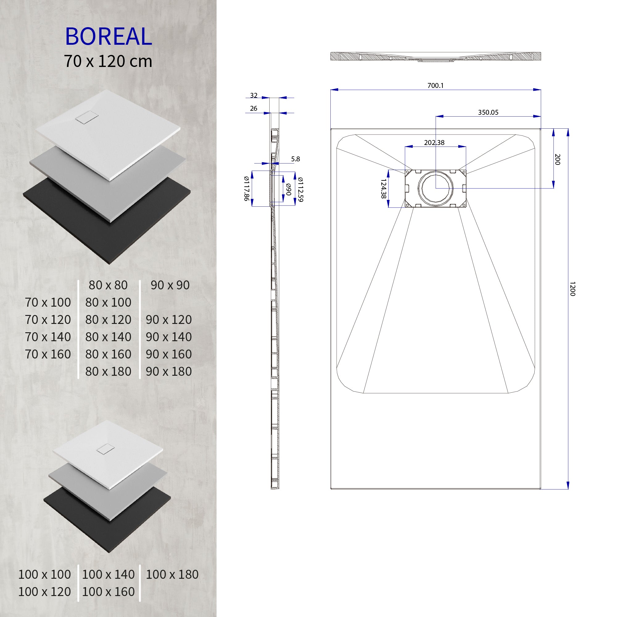 BOREAL - Piatto doccia bianco antiscivolo, resistente, durevole e facile da pulire - Incl. sifone