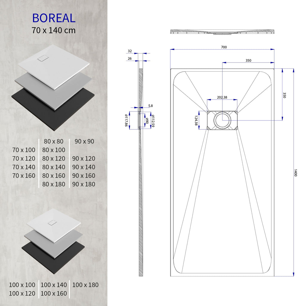 BOREAL - Piatto doccia nero antiscivolo, resistente, durevole e facile da pulire - Incl. sifone
