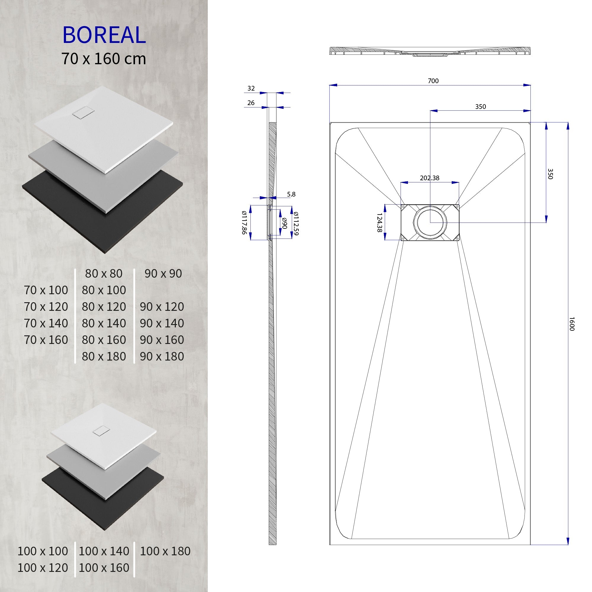 BOREAL - Base de duche preta RAL 7021 SMC antiderrapante GRIPSTONE com sifão incluído