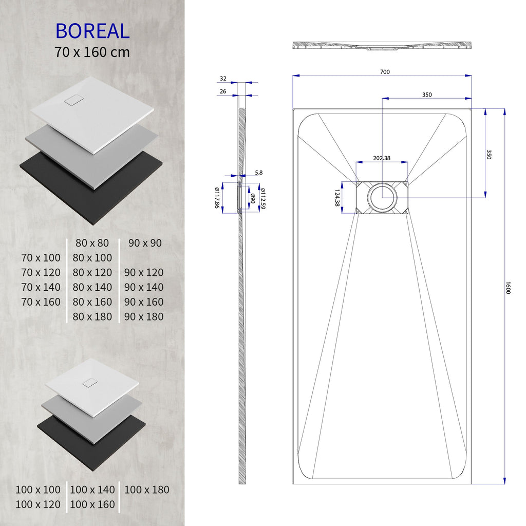 BOREAL - Base de duche branca RAL 9016 SMC antiderrapante GRIPSTONE com sifão incluído