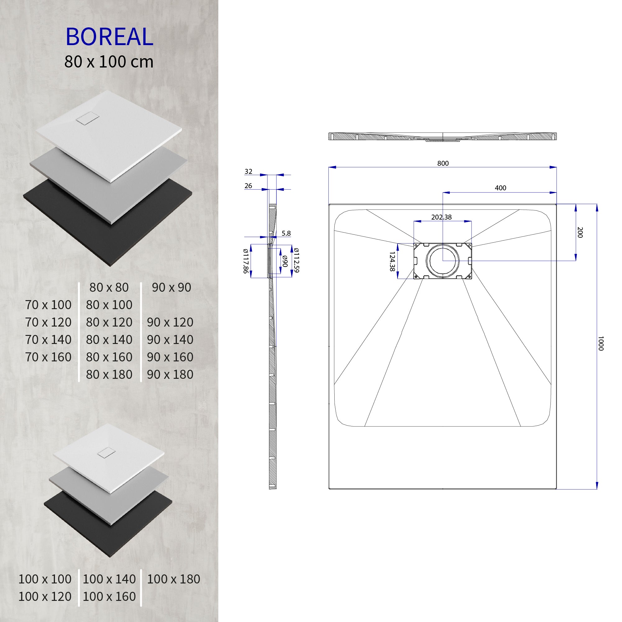 BOREAL - Base de duche branca RAL 9016 SMC antiderrapante GRIPSTONE com sifão incluído