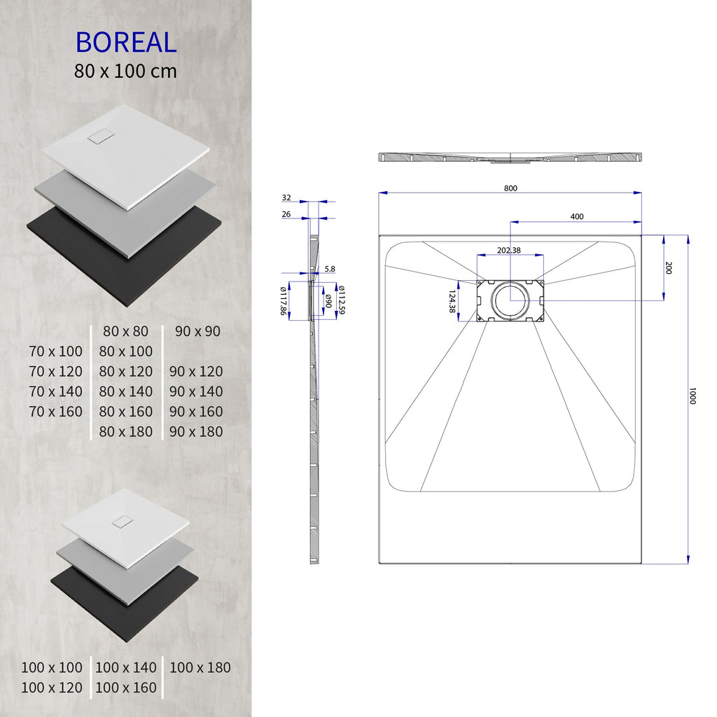BOREAL - Piatto doccia bianco antiscivolo, resistente, durevole e facile da pulire - Incl. sifone