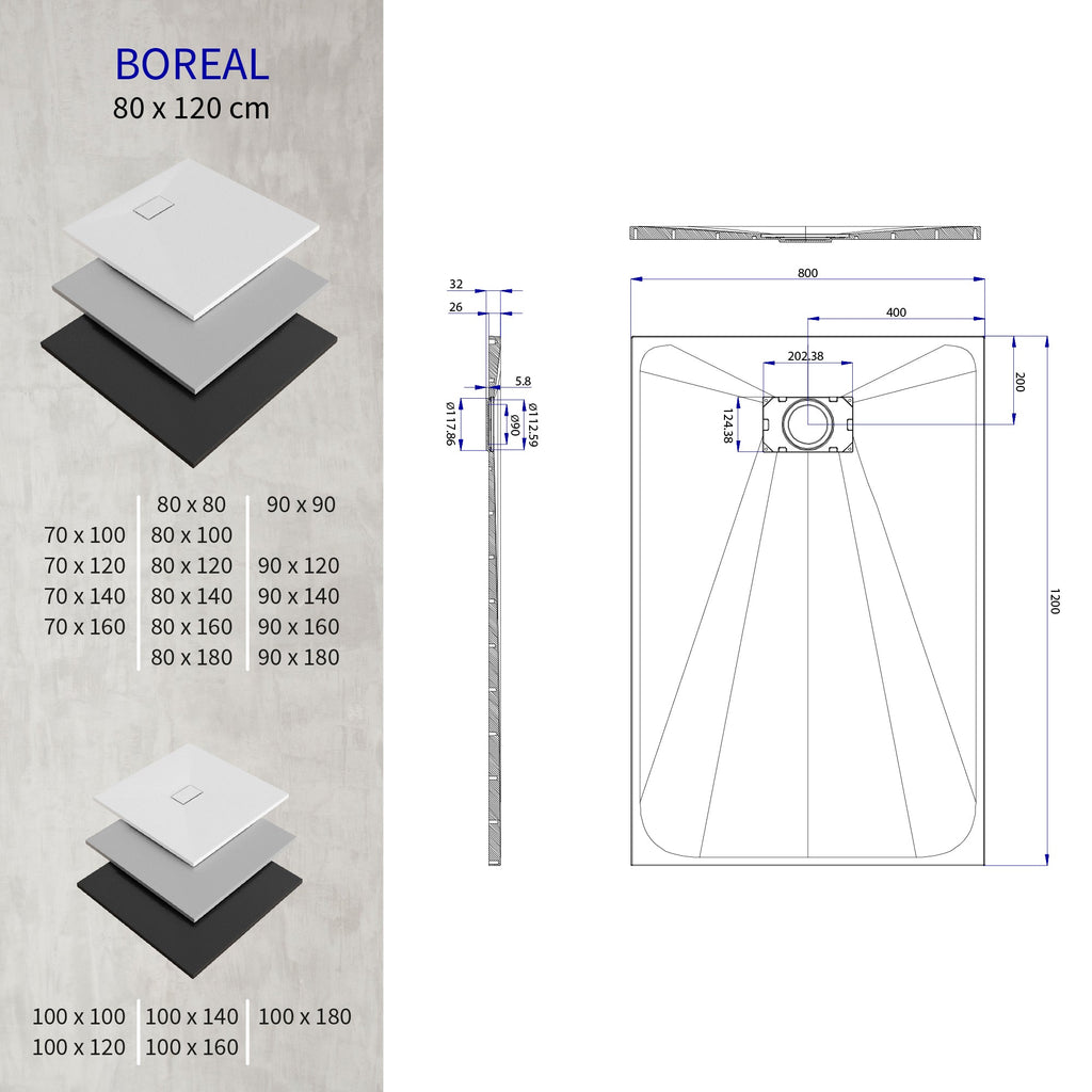 BOREAL - Base de duche branca RAL 9016 SMC antiderrapante GRIPSTONE com sifão incluído