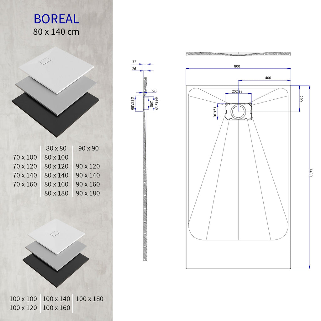 BOREAL - Piatto doccia nero antiscivolo, resistente, durevole e facile da pulire - Incl. sifone