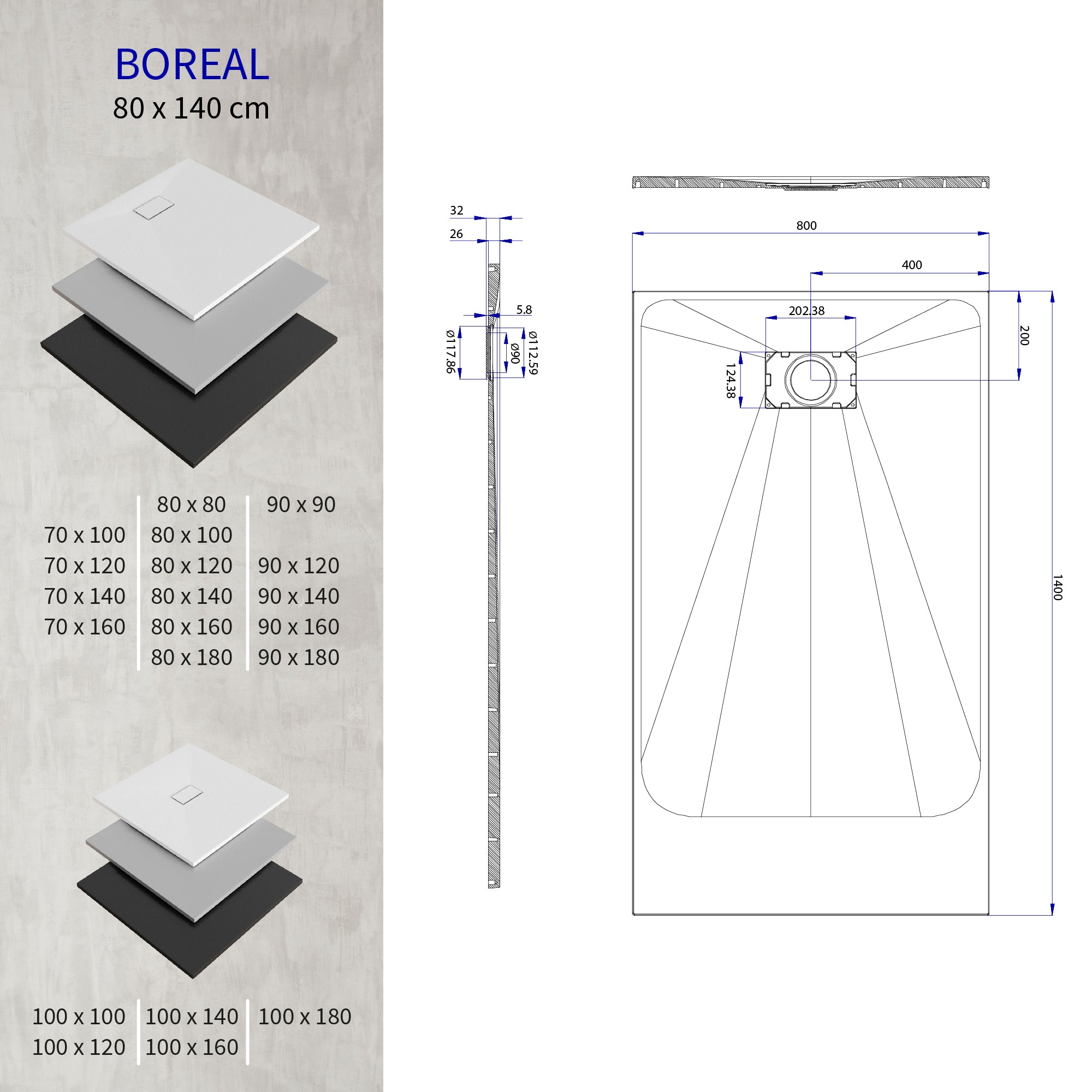 BOREAL - Base de duche preta RAL 7021 SMC antiderrapante GRIPSTONE com sifão incluído