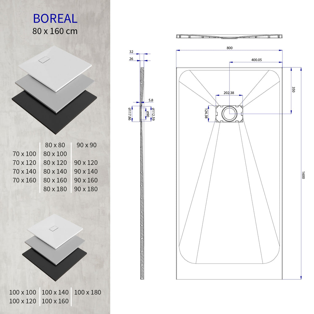 BOREAL - Piatto doccia grigio antiscivolo, resistente, durevole e facile da pulire - Incl. sifone