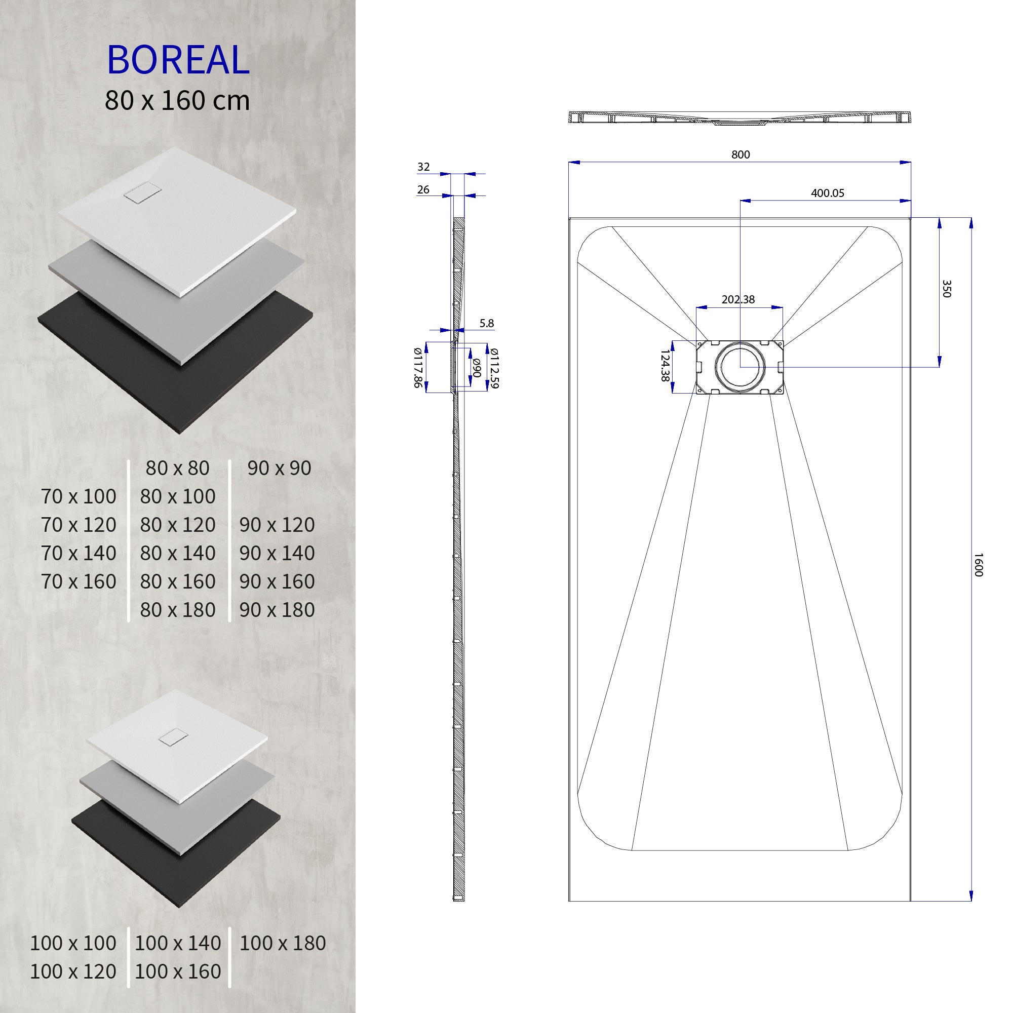 BOREAL - Base de duche branca RAL 9016 SMC antiderrapante GRIPSTONE com sifão incluído