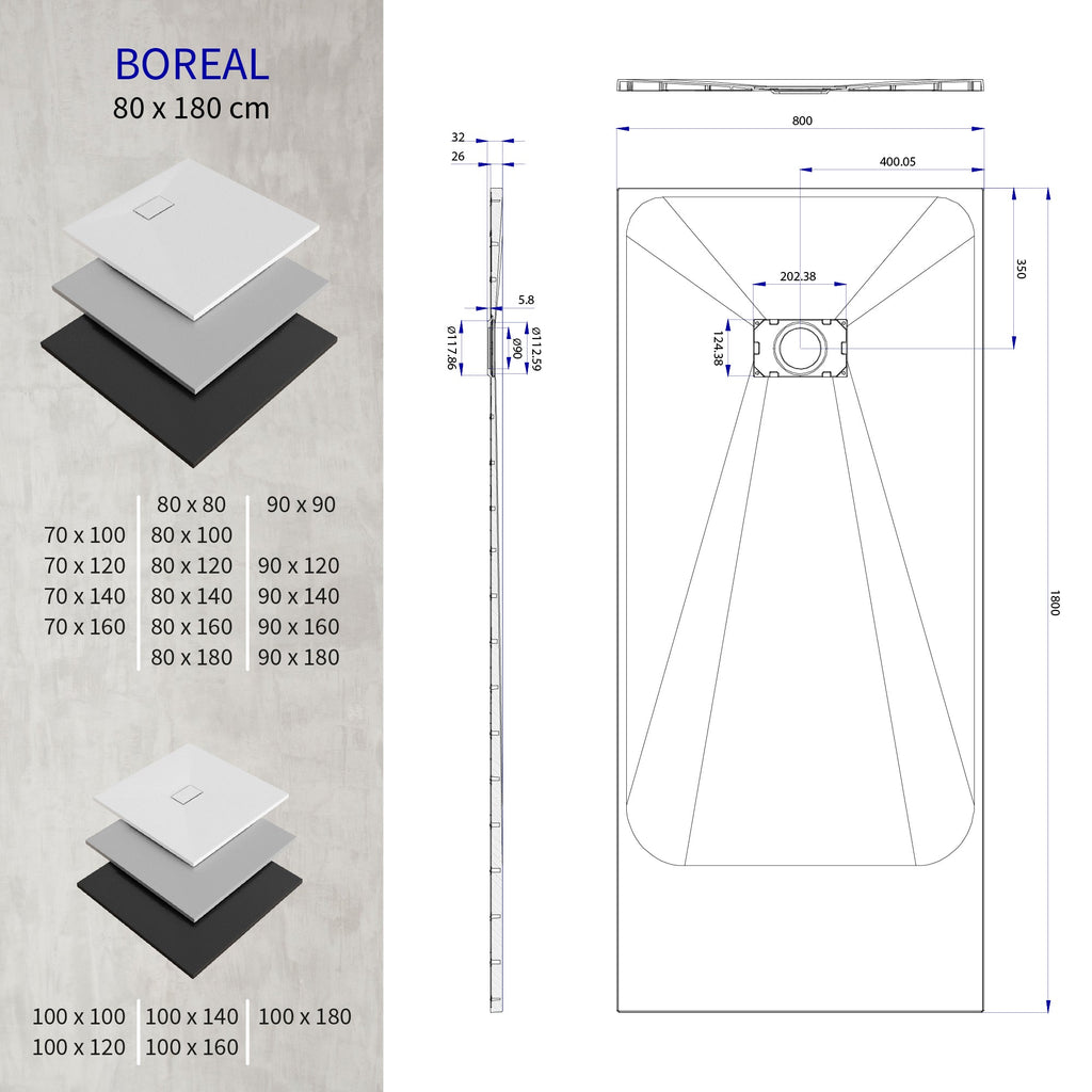 BOREAL - Piatto doccia nero antiscivolo, resistente, durevole e facile da pulire - Incl. sifone