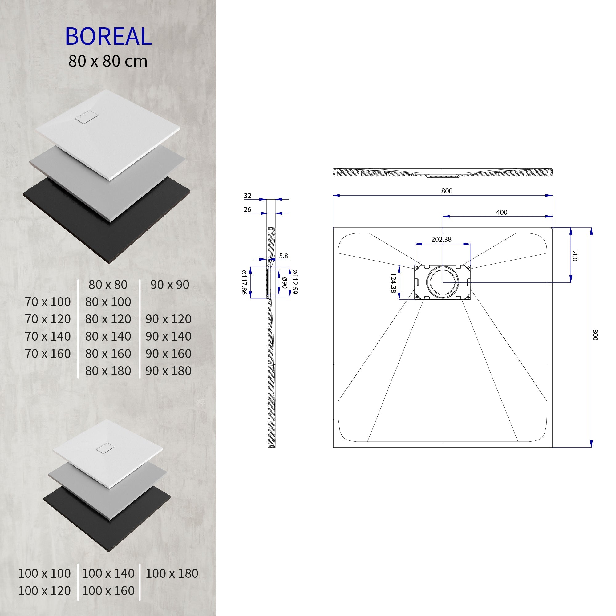 BOREAL - Base de duche cinzenta RAL 7030 SMC antiderrapante GRIPSTONE com sifão incluído