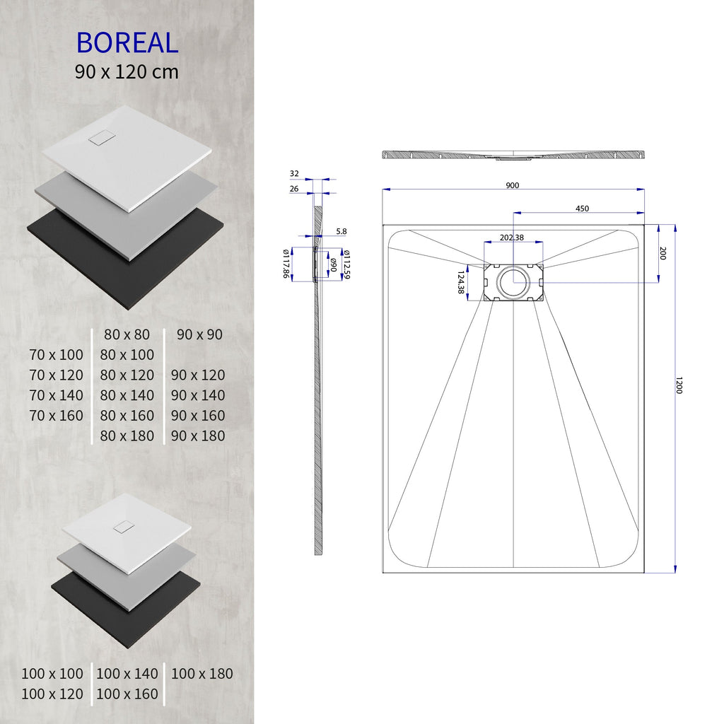 BOREAL - Piatto doccia bianco antiscivolo, resistente, durevole e facile da pulire - Incl. sifone