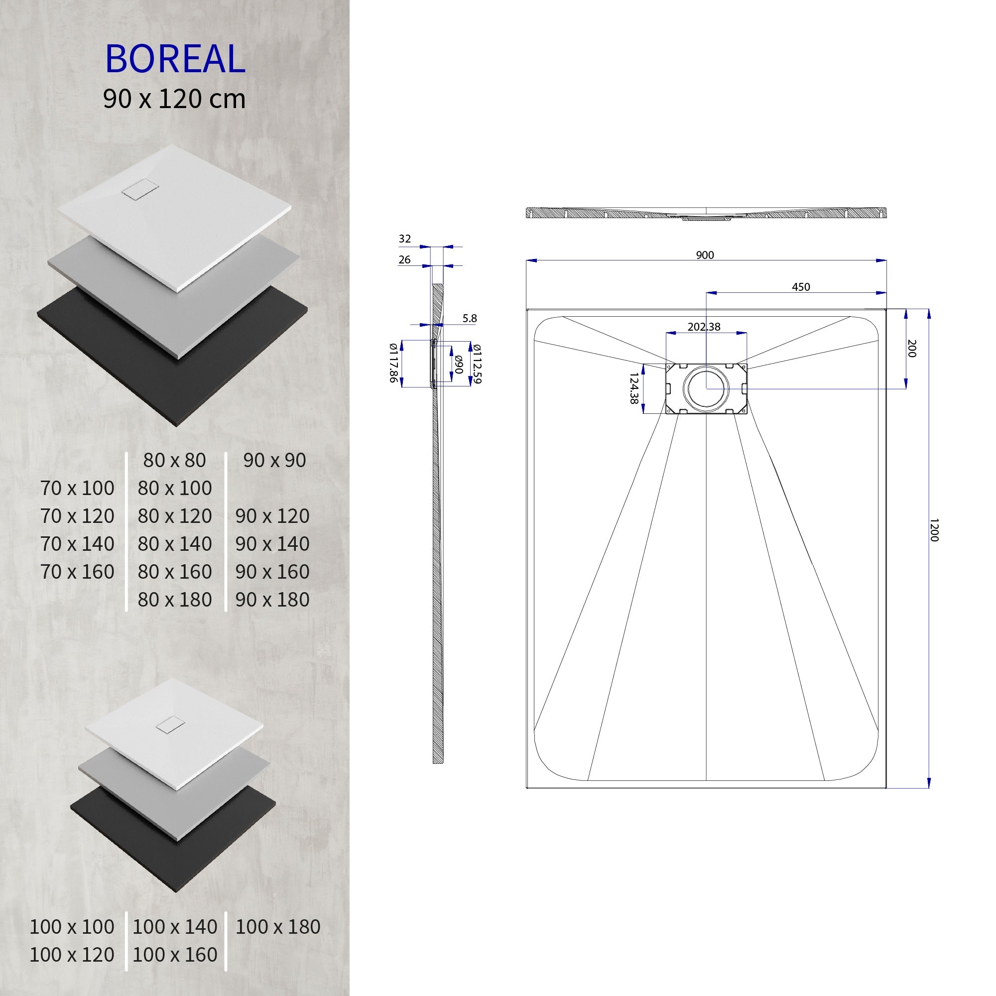 BOREAL - Base de duche cinzenta RAL 7030 SMC antiderrapante GRIPSTONE com sifão incluído