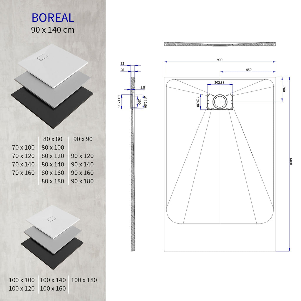 BOREAL - Base de duche branca RAL 9016 SMC antiderrapante GRIPSTONE com sifão incluído