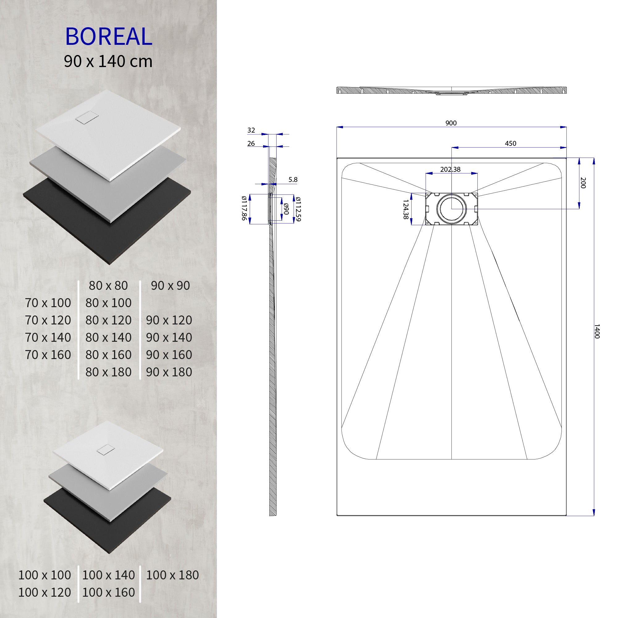 BOREAL - Base de duche branca RAL 9016 SMC antiderrapante GRIPSTONE com sifão incluído