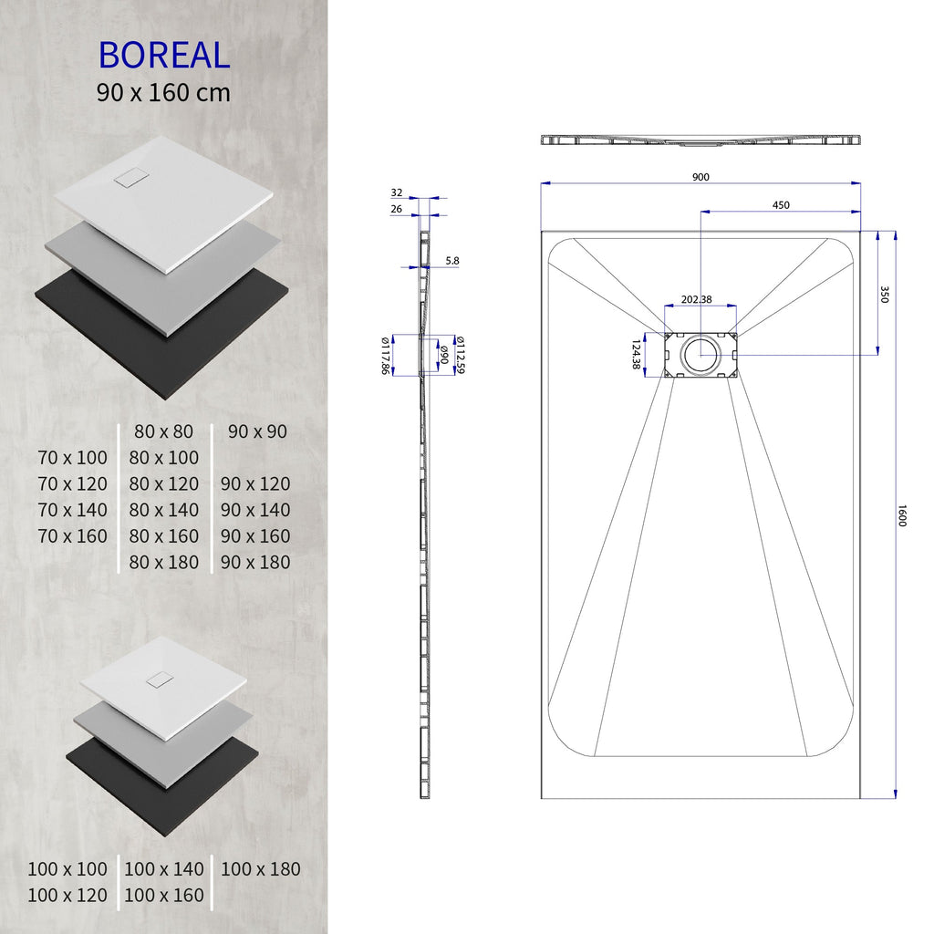 BOREAL - Base de duche preta RAL 7021 SMC antiderrapante GRIPSTONE com sifão incluído