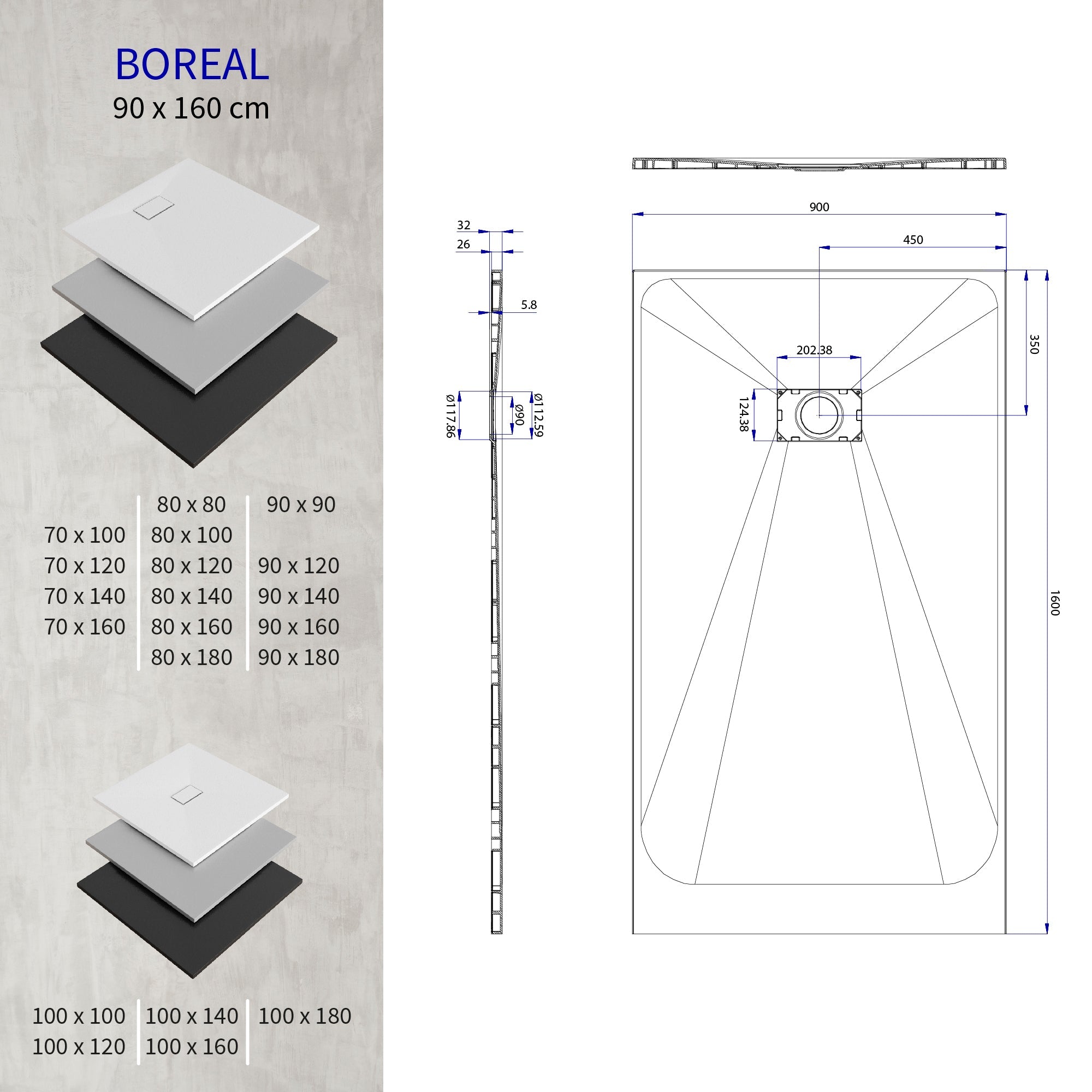 BOREAL - Base de duche preta RAL 7021 SMC antiderrapante GRIPSTONE com sifão incluído