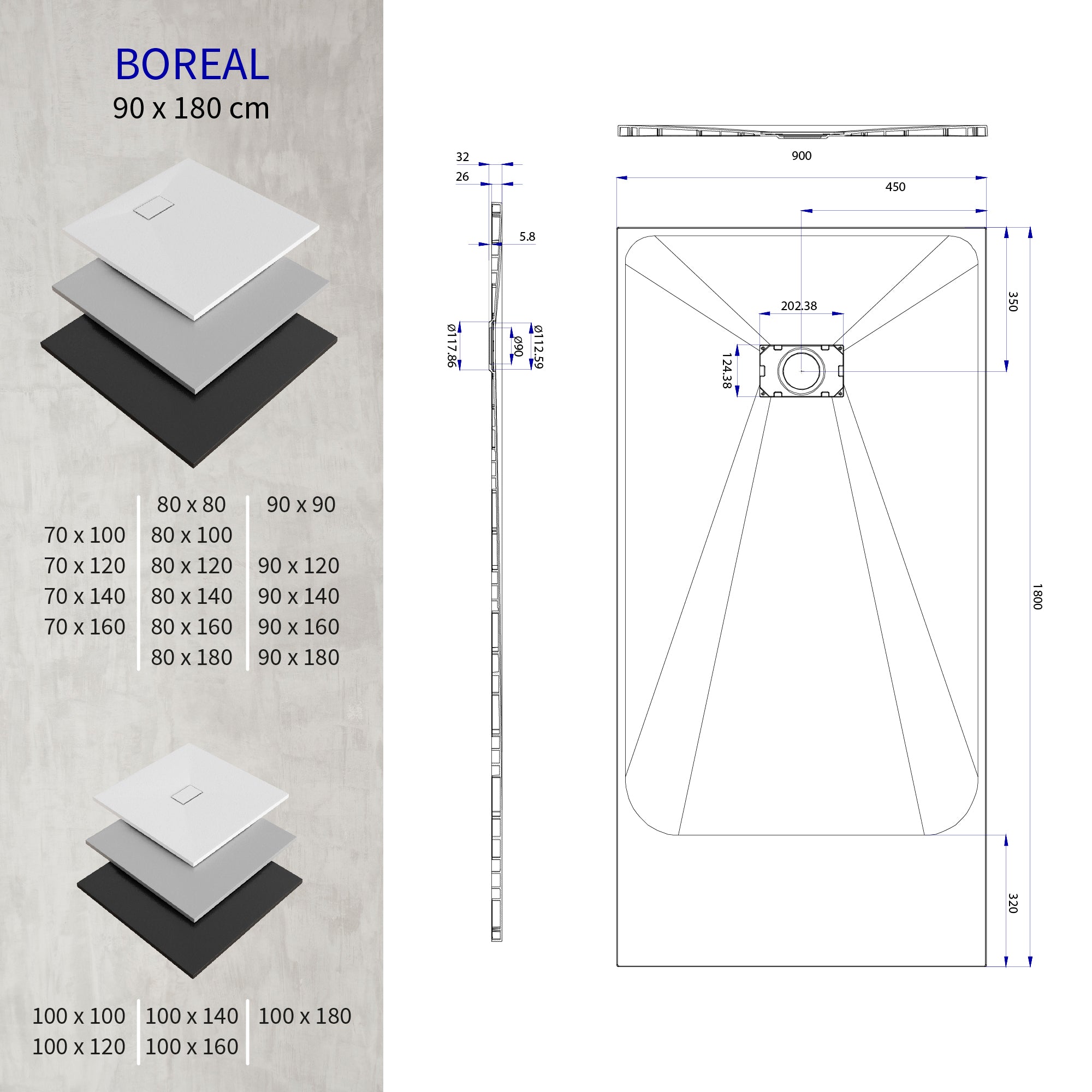 BOREAL - Base de duche branca RAL 9016 SMC antiderrapante GRIPSTONE com sifão incluído