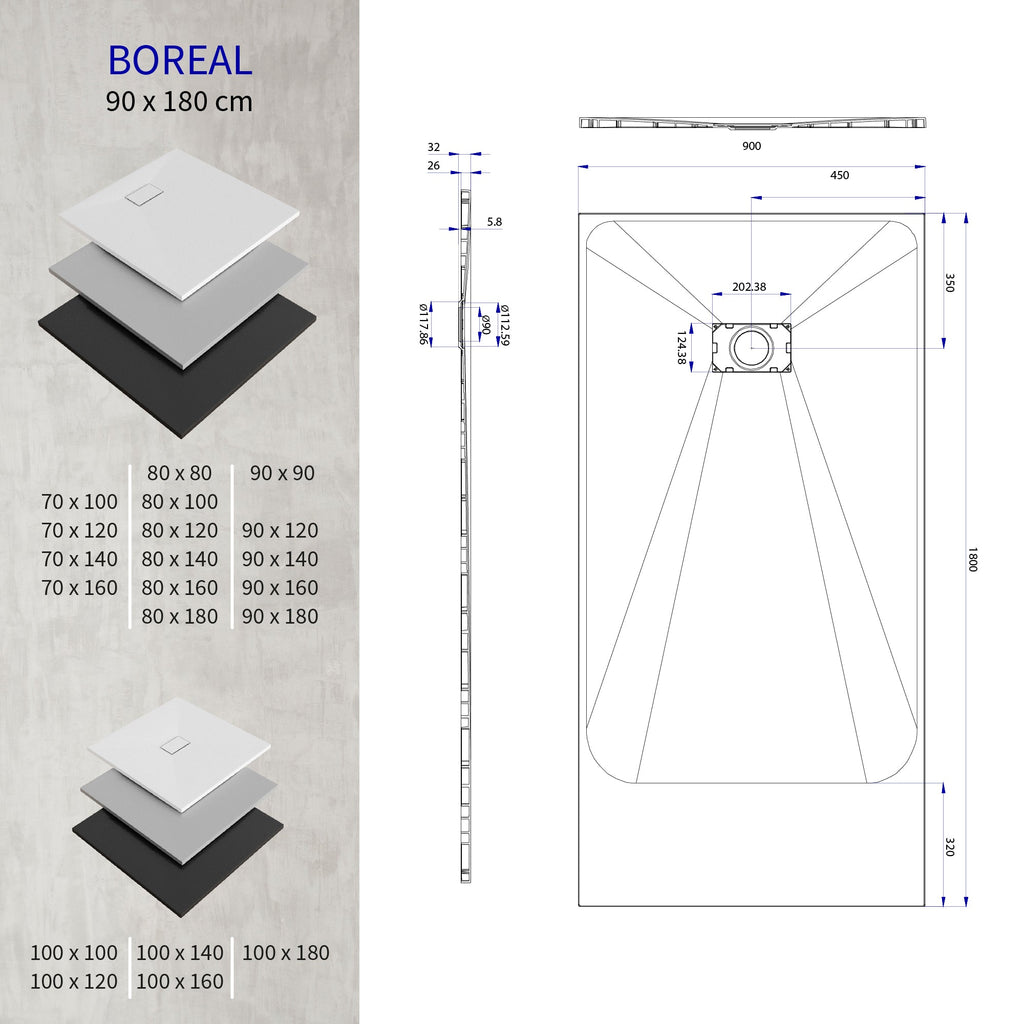 BOREAL - Piatto doccia bianco antiscivolo, resistente, durevole e facile da pulire - Incl. sifone