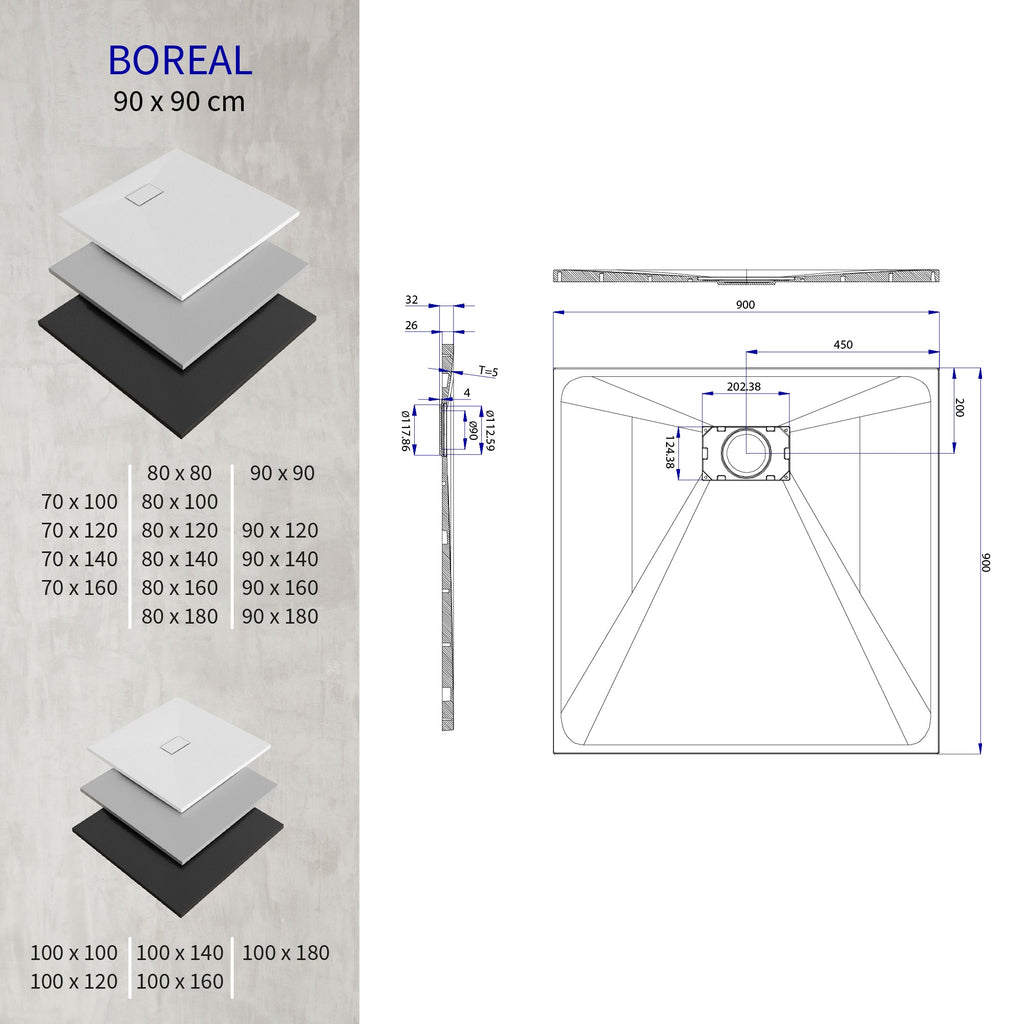 BOREAL - Base de duche preta RAL 7021 SMC antiderrapante GRIPSTONE com sifão incluído