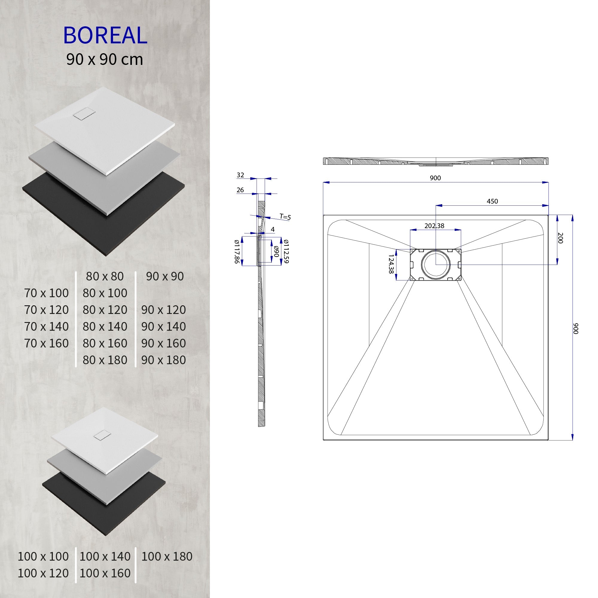BOREAL - Base de duche preta RAL 7021 SMC antiderrapante GRIPSTONE com sifão incluído