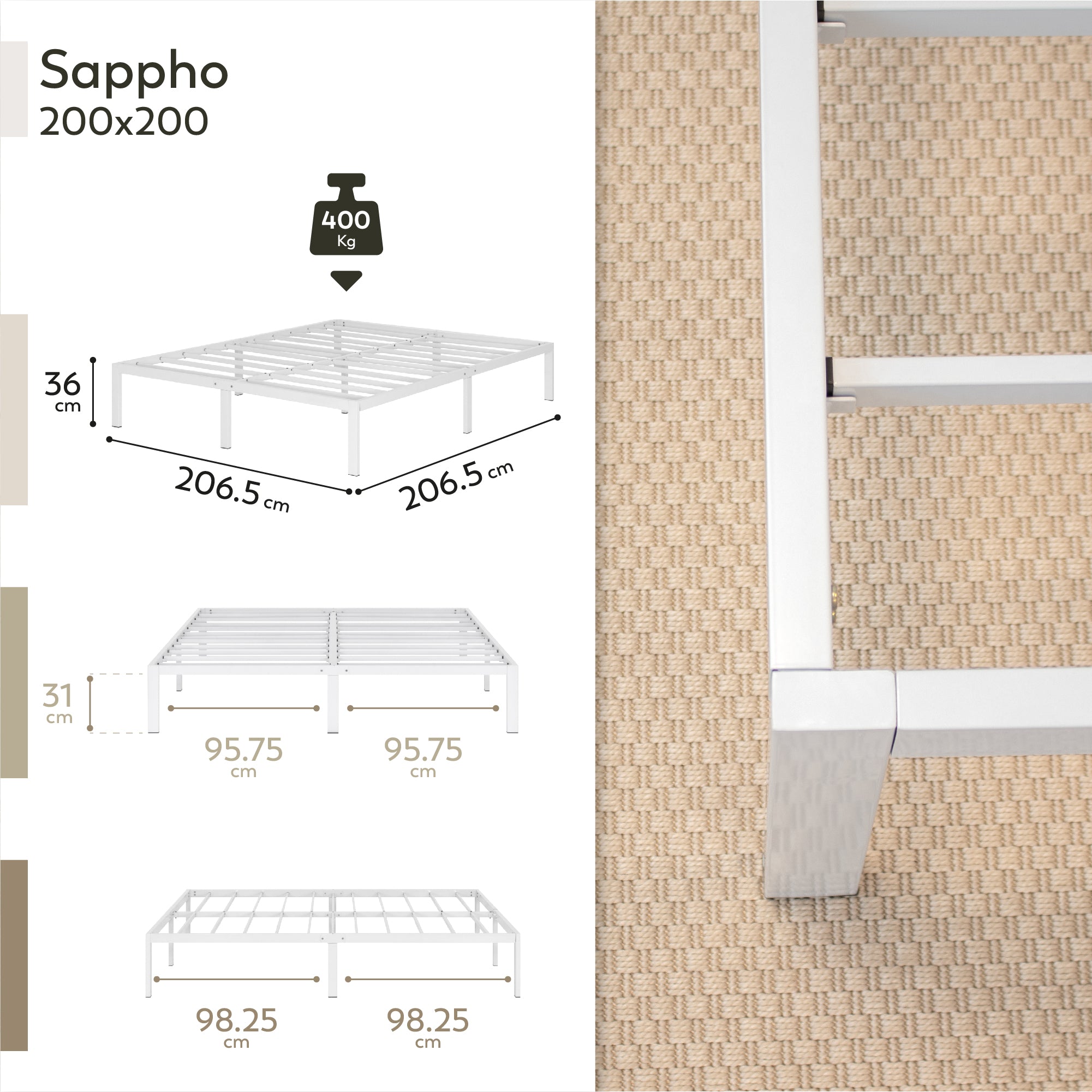 SAPPHO - Letto piattaforma metallico con spazio contenitivo di 31 cm - Nero o Bianco