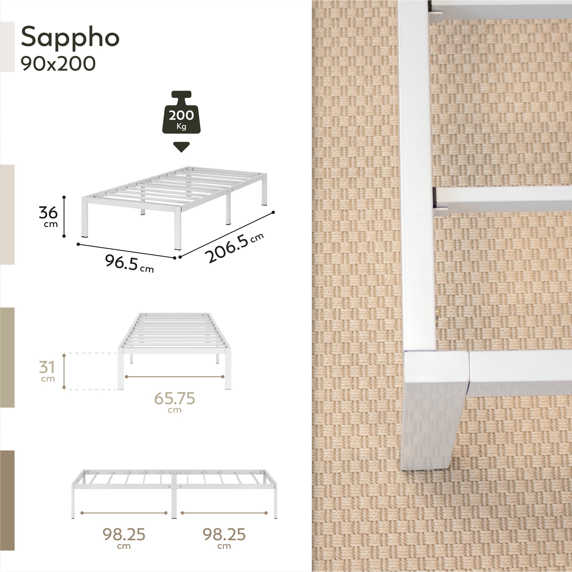 SAPPHO - Letto piattaforma metallico con spazio contenitivo di 31 cm - Nero o Bianco