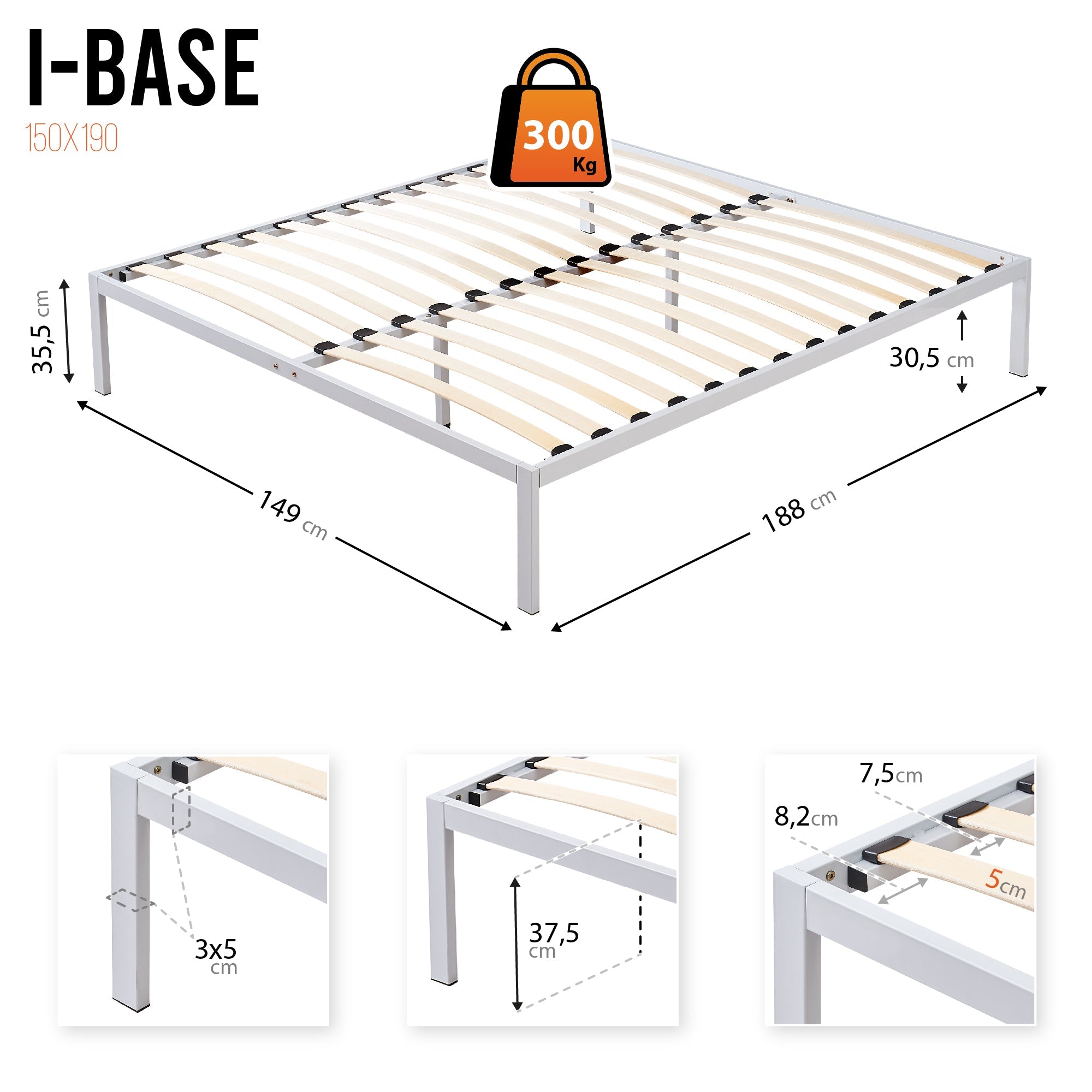 iBase - Letto con struttura metallica e spazio contenitivo di 30 cm in nero e bianco