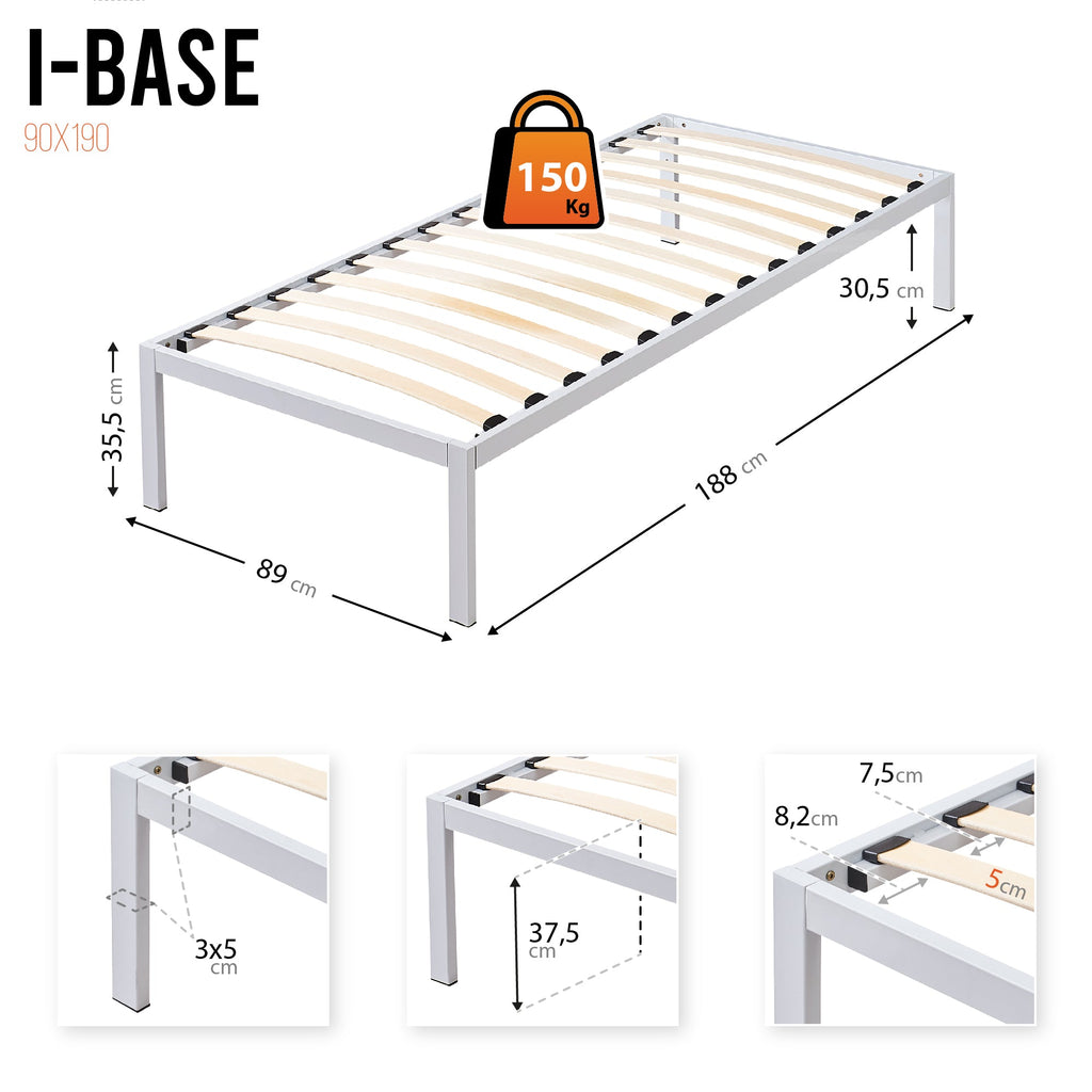 iBase - Letto con struttura metallica e spazio contenitivo di 30 cm in nero e bianco