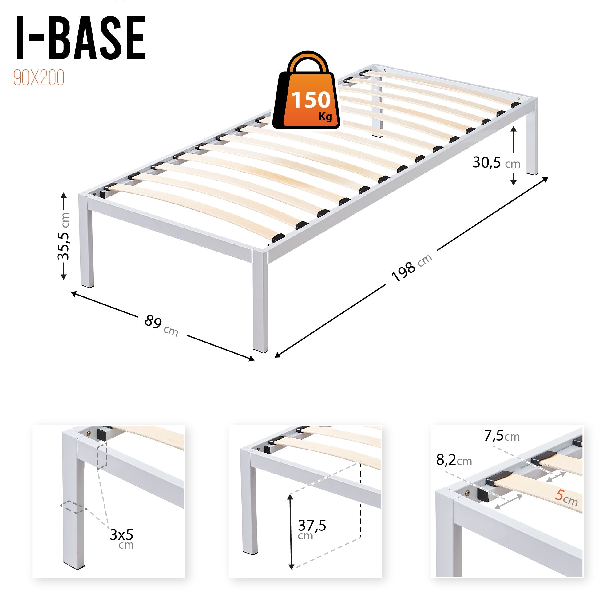 iBase - Letto con struttura metallica e spazio contenitivo di 30 cm in nero e bianco