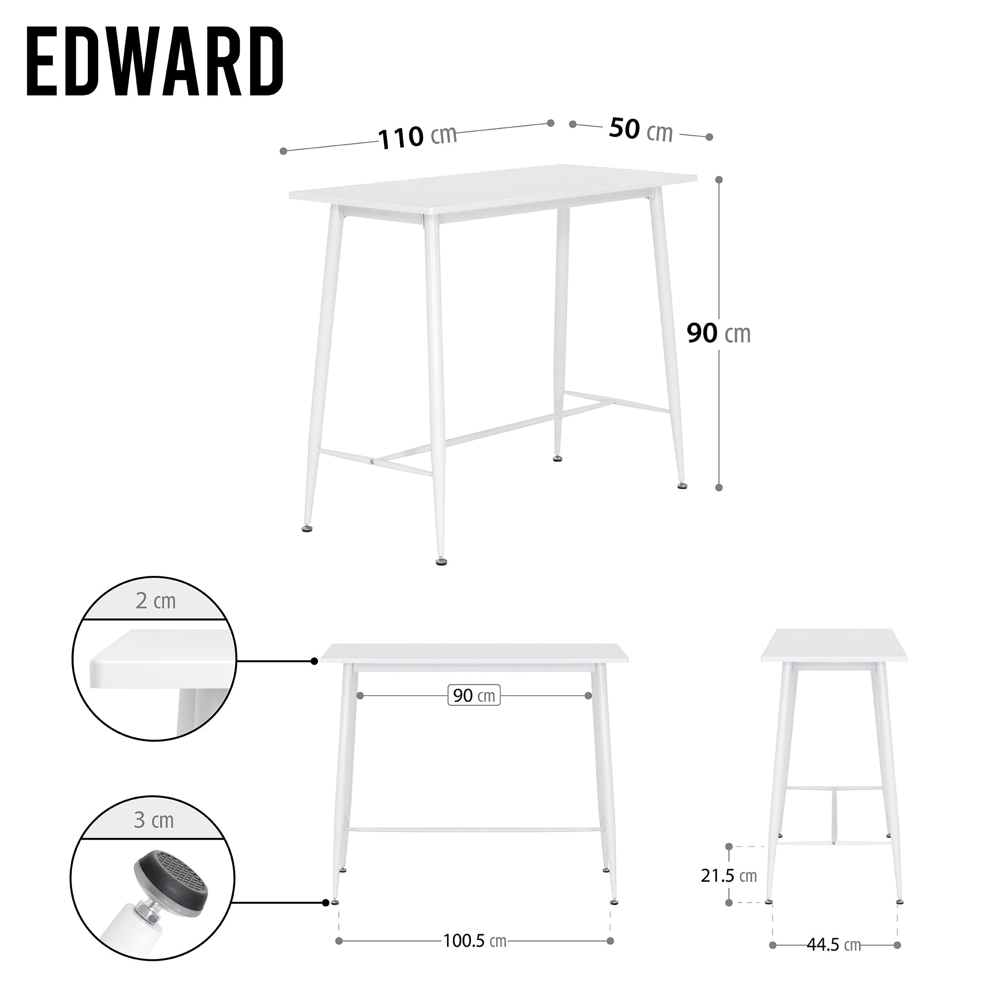 EDWARD - Mesa de bar 110x50x90 cm - estructura metálica robusta, pies antideslizantes, montaje fácil