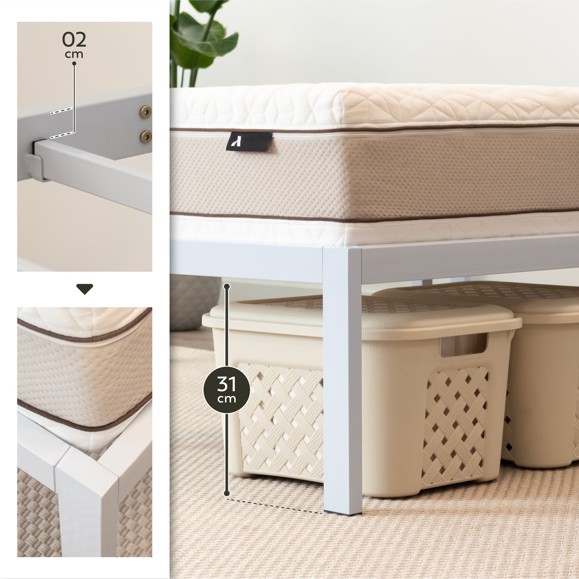 SAPPHO - Letto piattaforma metallico con spazio contenitivo di 31 cm - Nero o Bianco