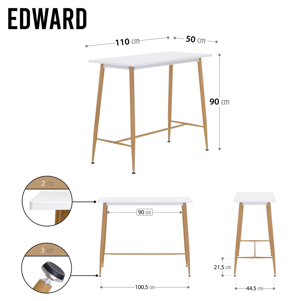 EDWARD - Mesa de bar 110x50x90 cm - estructura metálica robusta, pies antideslizantes, montaje fácil